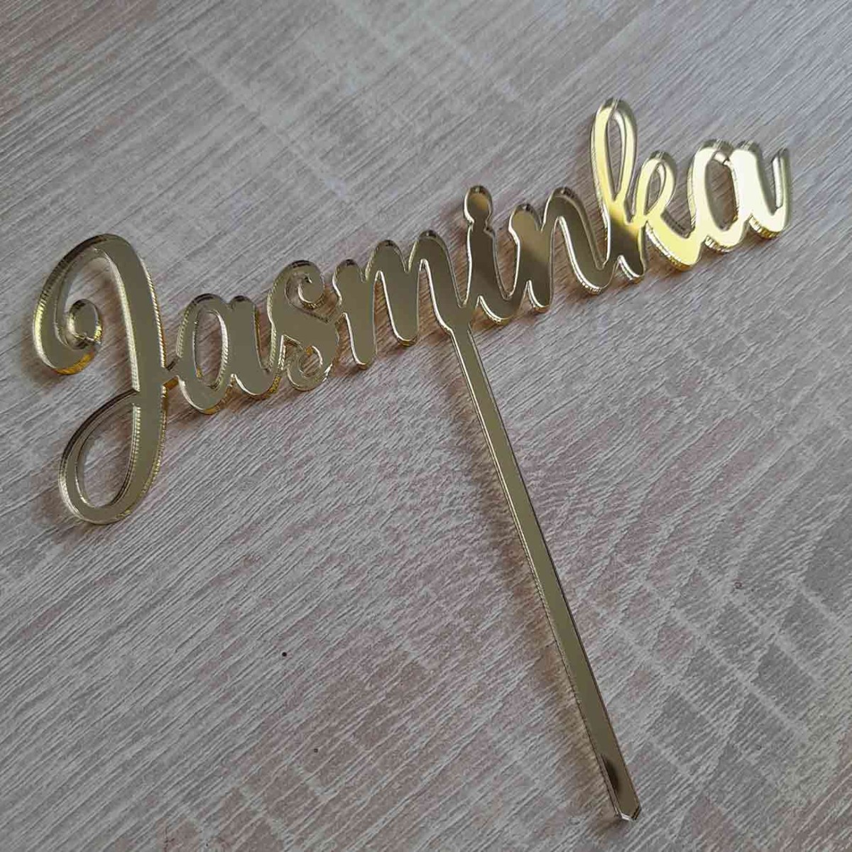 Zlatý zrkadlový zápich na tortu s menom Jasminka