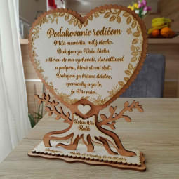 Stojaca drevená dekorácia poďakovanie rodičom na svadbe v tvare stromu s gravírovaným textom