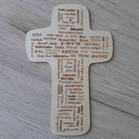 Originálny drevený závesný kríž s odkazmi gravírovaný a vyrezávaný laserom z preglejky