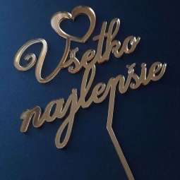 Zlatý zrkadlový zápich do torty Všetko najlepšie so srdiečkom v tenkom štýle písma