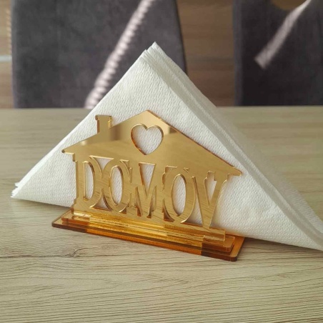 Zlatý zrkadlový stojan na papierové servítky s výrezom Domov zo zlatého zrkadlového plexiskla
