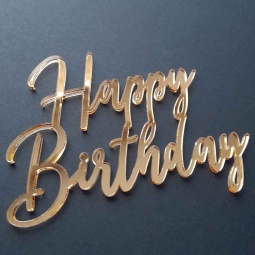 Zlatý zrkadlový zápich na čelo a bok torty Happy Birthday v tenkom štýle písma