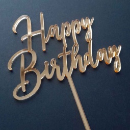 Zlatý zrkadlový zápich na vrch torty Happy Birthday v tenkom písme a modernom spracovaní