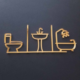 Piktogram na označenie dverí zložený zo symbolu WC, umývadla a kúpeľne vyrezávaný laserom zo zlatého zrkadlového plexiskla