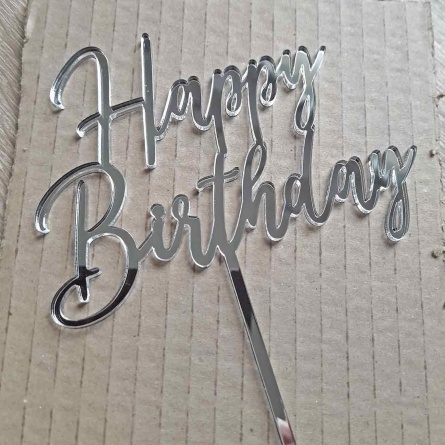 Strieborný zrkadlový zápich na vrch torty happy birthday v balení 5ks