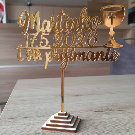 Zlatý zrkadlový zápich na tortu k prvému svätému prijímaniu s menom a dátumom