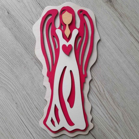 Drevená dekorácia anjela na stenu v ružovej farbe