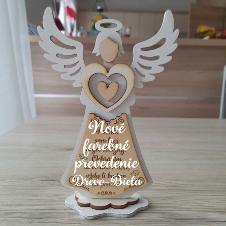 Drevený anjel z preglejky v prevedení drevo a biela, s vlastným gravírovaným textom