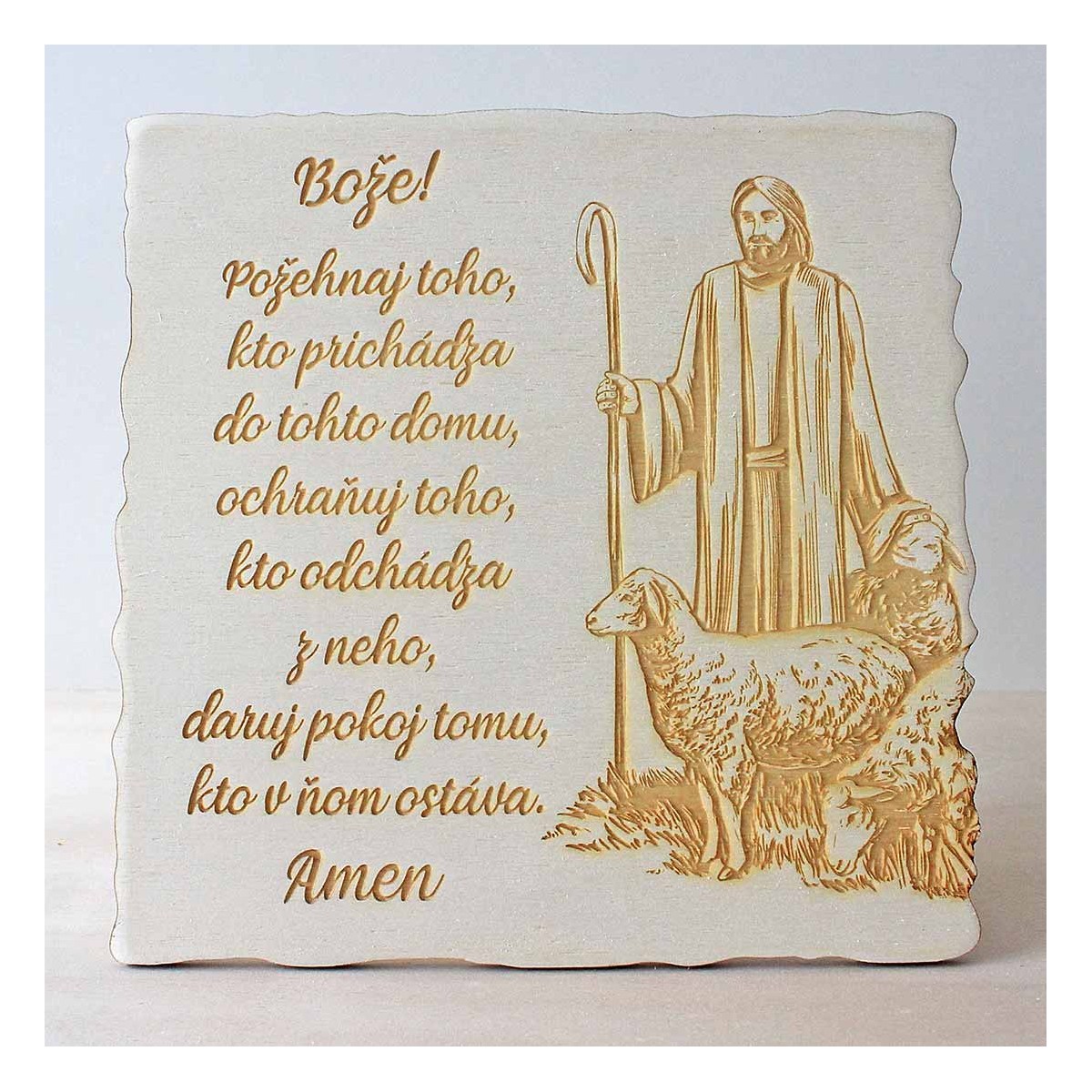 Požehnanie domu, gravírovaná drevená tabuľka v stojacej verzii s krásnou ilustráciou Ježiša ako pastiera