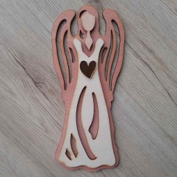 Luxusný závesný drevený anjel so zlatým zrkadlovým srdcom vyrezávaný laserom
