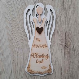 Závesný drevený anjel v bielej farbe s vlastným gravírovaným textom a srdcom zo zlatého zrkadla