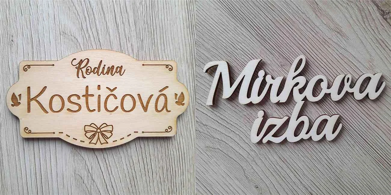 Drevené menovky na dvere gravírované a vyrezávané laserom z preglejky