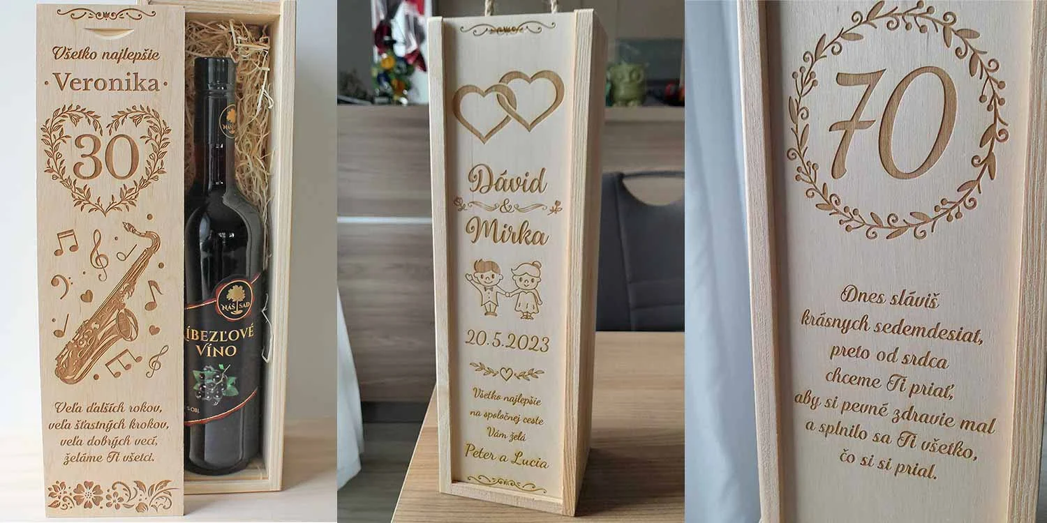 Výroba personalizovaných drevených boxov na víno s gravírovaním