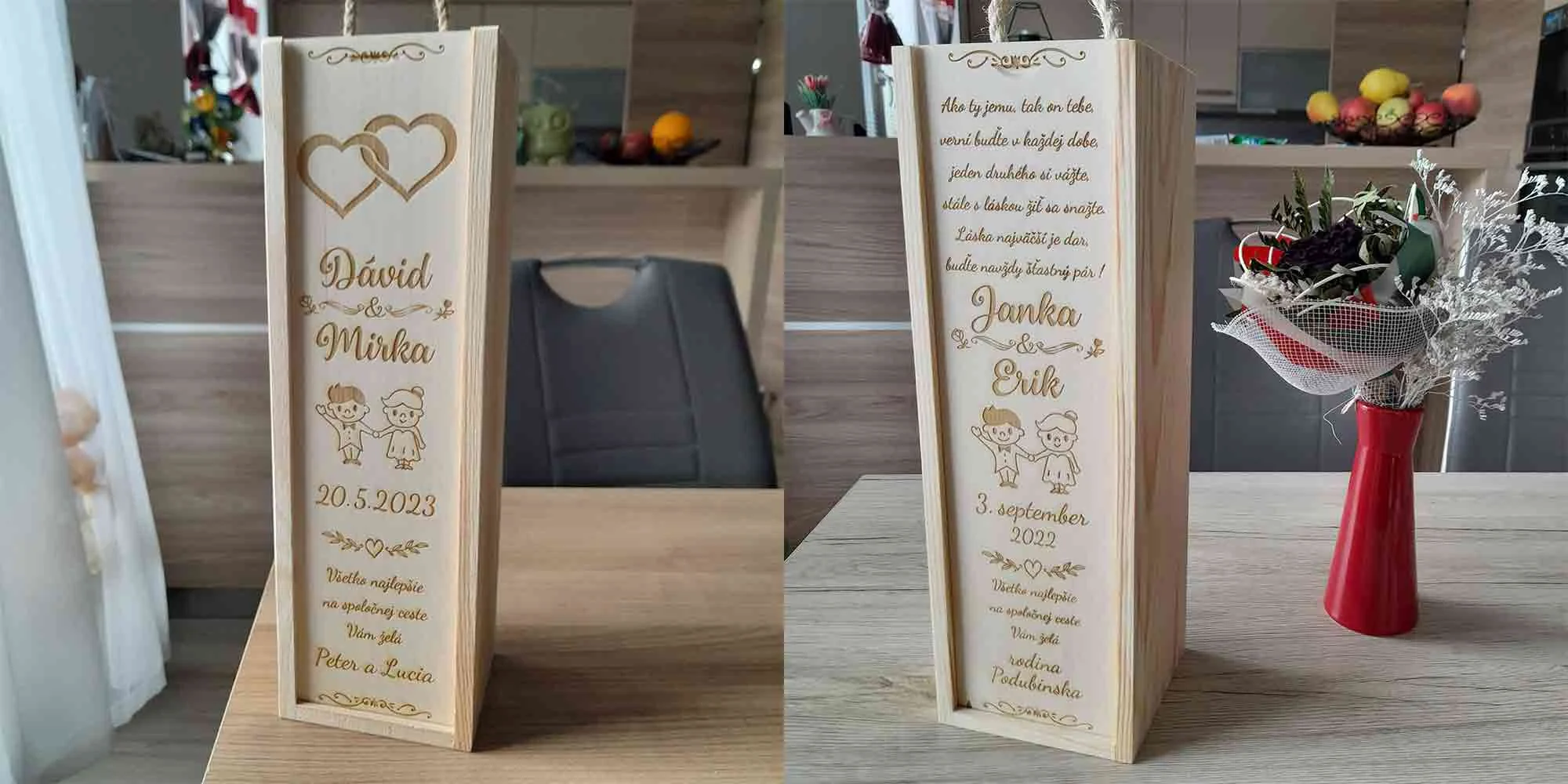Drevený svadobný obal na víno s gravírovaným venovaním pre mladomanželov
