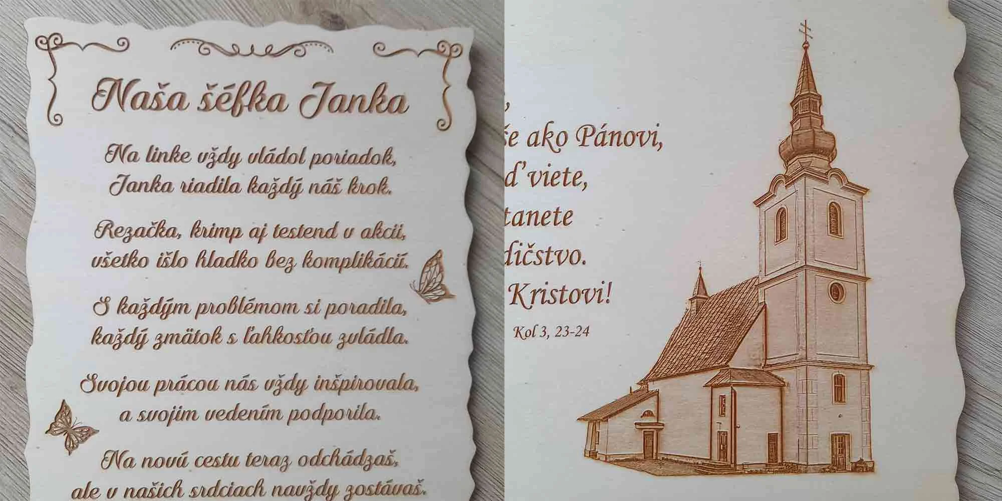 Laserom gravírované drevené tabuľky s vlastným textom a fotkou