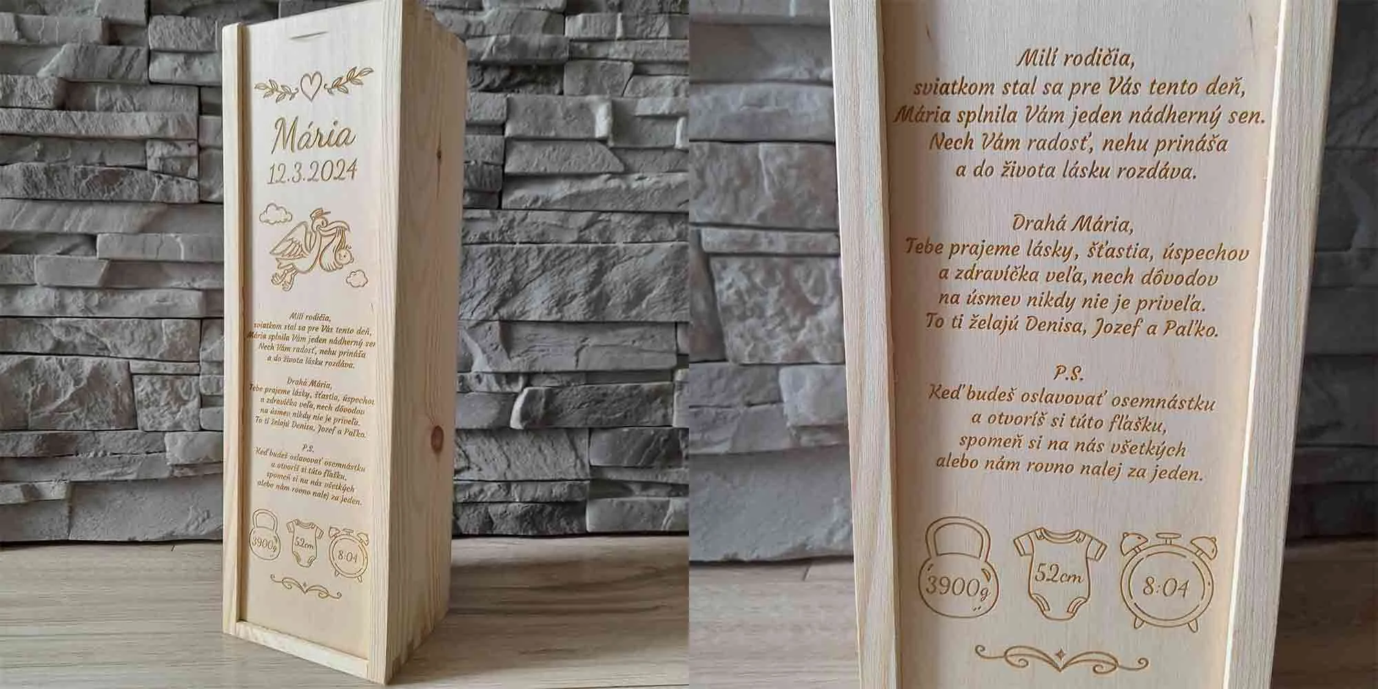 Darčekový drevený obal na víno s gravírovanými údajmi o narodení pre bábätko