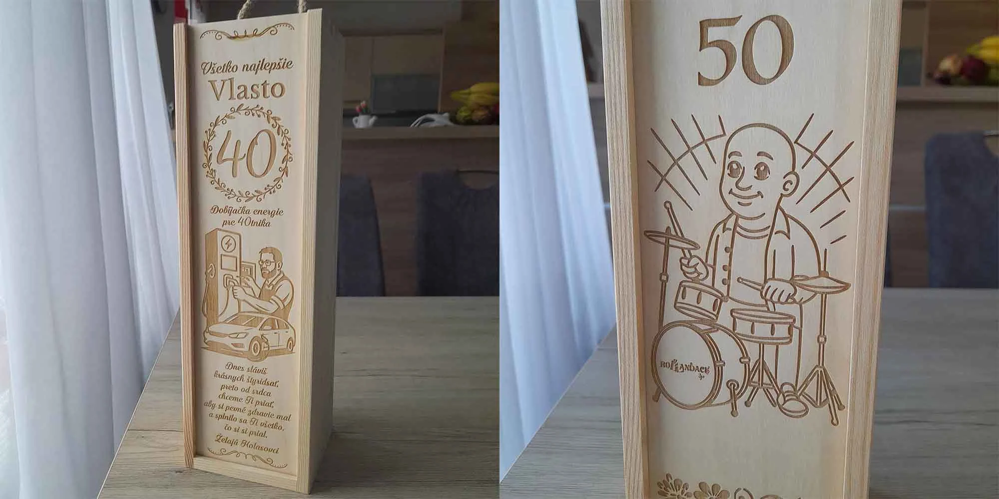 Personalizovaný drevený box na víno s vlastným gravírovaným textom a motívom