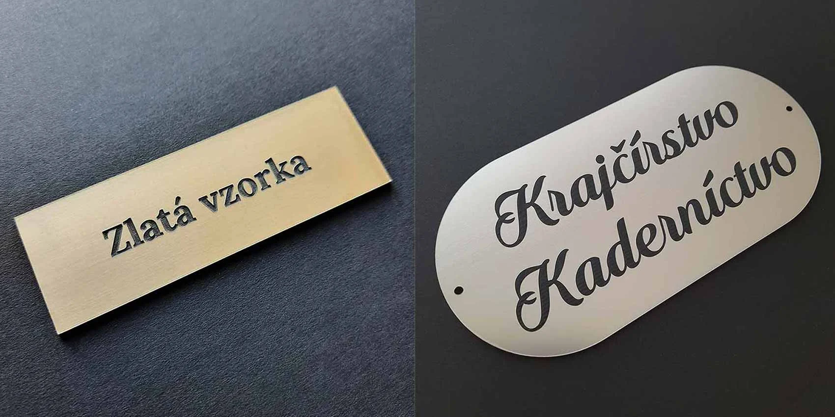 Plastové reklamné štítky s dvojvrstvového plastu v zlatej a striebornej farbe s gravírovaným textom