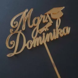 Zlatý zrkadlový zápich do torty na promócie s titulom, menom, čiapkou a diplomom