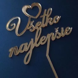 Zlatý zrkadlový zápich do torty Všetko najlepšie so srdiečkom v tenkom štýle písma