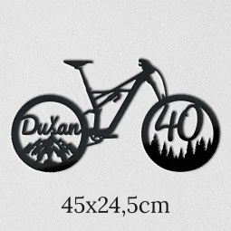 Personalizovaný závesný obraz na stenu v čiernej farbe s námetom horského bicykla s menom a vekom v kolesách