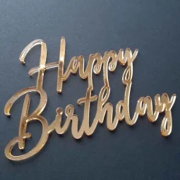 Zlatý zrkadlový zápich na čelo a bok torty Happy Birthday v tenkom štýle písma