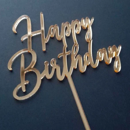 Zlatý zrkadlový zápich na vrch torty Happy Birthday v tenkom písme a modernom spracovaní