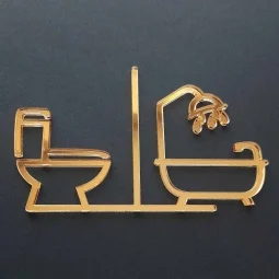 Zlatý zrkadlový symbol na označenie dverí nalepovací, zložený z toalety WC a kúpeľne ako vane so sprchou
