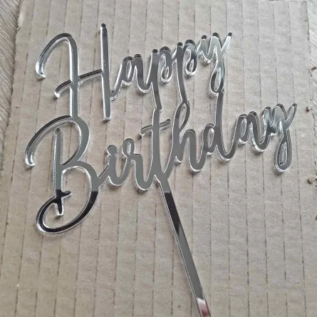 Zápich do torty Happy Birthday strieborný zrkadlový v tenkom modernom písme