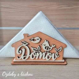 Originálny drevený stojan na servítky v tvare domčeka so zdobením vtáčikov a výrezom Domov, Home