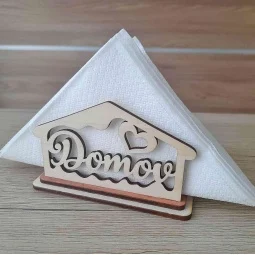 Originálny laserom vypaľovaný drevený stojan na papierové servítky v tvare domu s nápisom Domov a srdiečkom