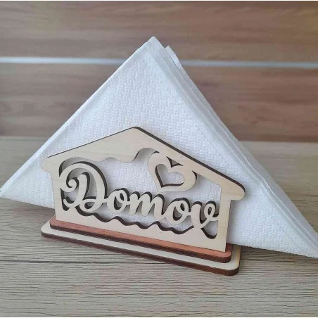 Originálny laserom vypaľovaný drevený stojan na papierové servítky v tvare domu s nápisom Domov a srdiečkom