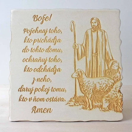 Požehnanie domu, gravírovaná drevená tabuľka v stojacej verzii s krásnou ilustráciou Ježiša ako pastiera