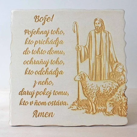 Požehnanie domu, gravírovaná drevená tabuľka v stojacej verzii s krásnou ilustráciou Ježiša ako pastiera