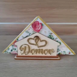 Drevený stojan na papierové servítky v tvare domu so zrkadlovým nápisom Domov a srdiečkami